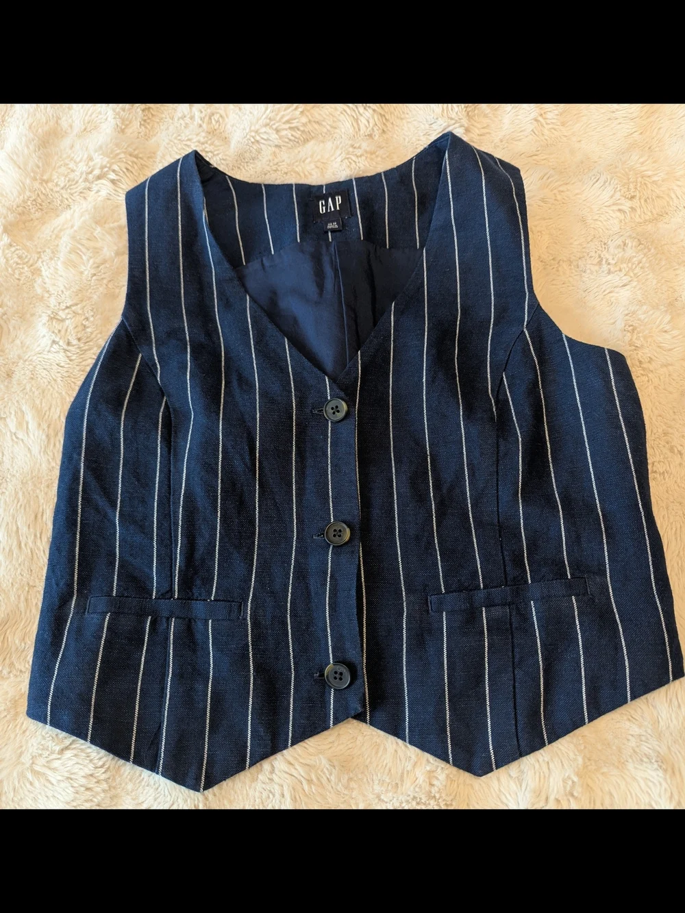 Gap Navy Pinstripe Linen Button Front Vest - Picture 2 of 7